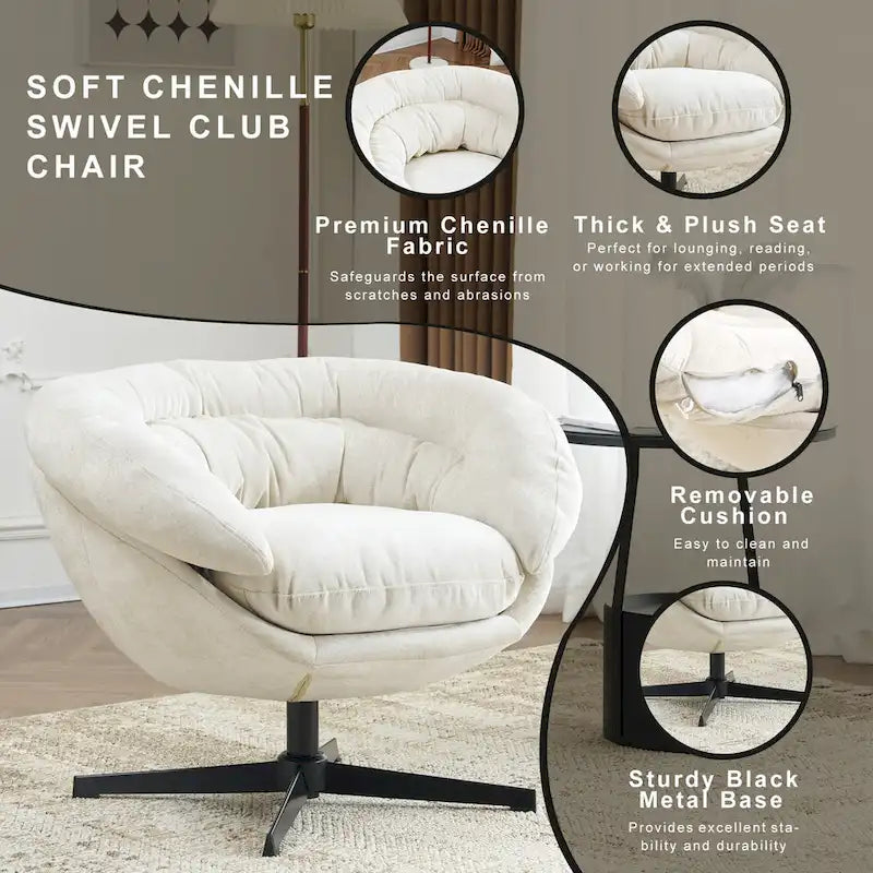 Fotel klubowy/wypoczynkowy tapicerowany szenilą z obrotem 360 stopni i wyjmowaną poduszką, okrągły fotel biurowy z czarną metalową podstawą