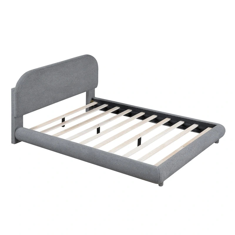 Łóżko z zagłówkiem w kształcie łuku, platformowe łóżko tapicerowane misiem, grubą tkaniną, drewniane łóżko panelowe z niskim profilem