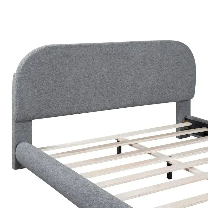Łóżko z zagłówkiem w kształcie łuku, platformowe łóżko tapicerowane misiem, grubą tkaniną, drewniane łóżko panelowe z niskim profilem