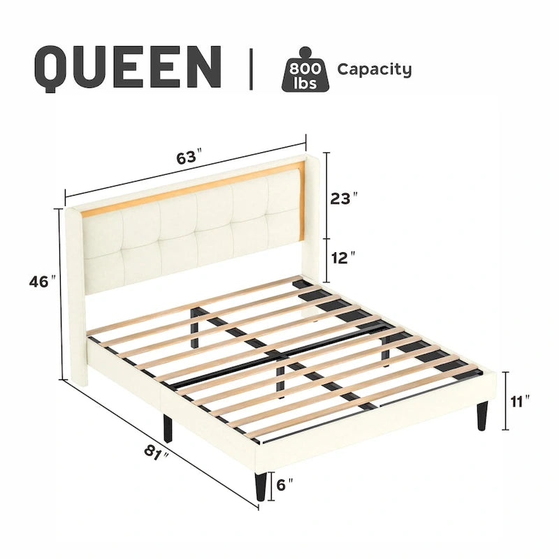 Białe łóżko tapicerowane platformowe typu Queen Size z zagłówkiem, solidnymi drewnianymi listwami, wysoką nośnością