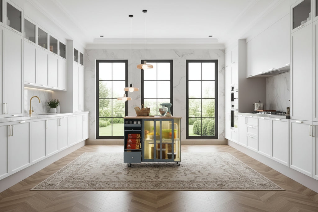 LED Light Kitchen Island Cart, Drop Leaf Breakfast Bar on Wheels, Bar Cabinet with 2 Drawers, 2 Glass Doors & 1 Flip Cabinet