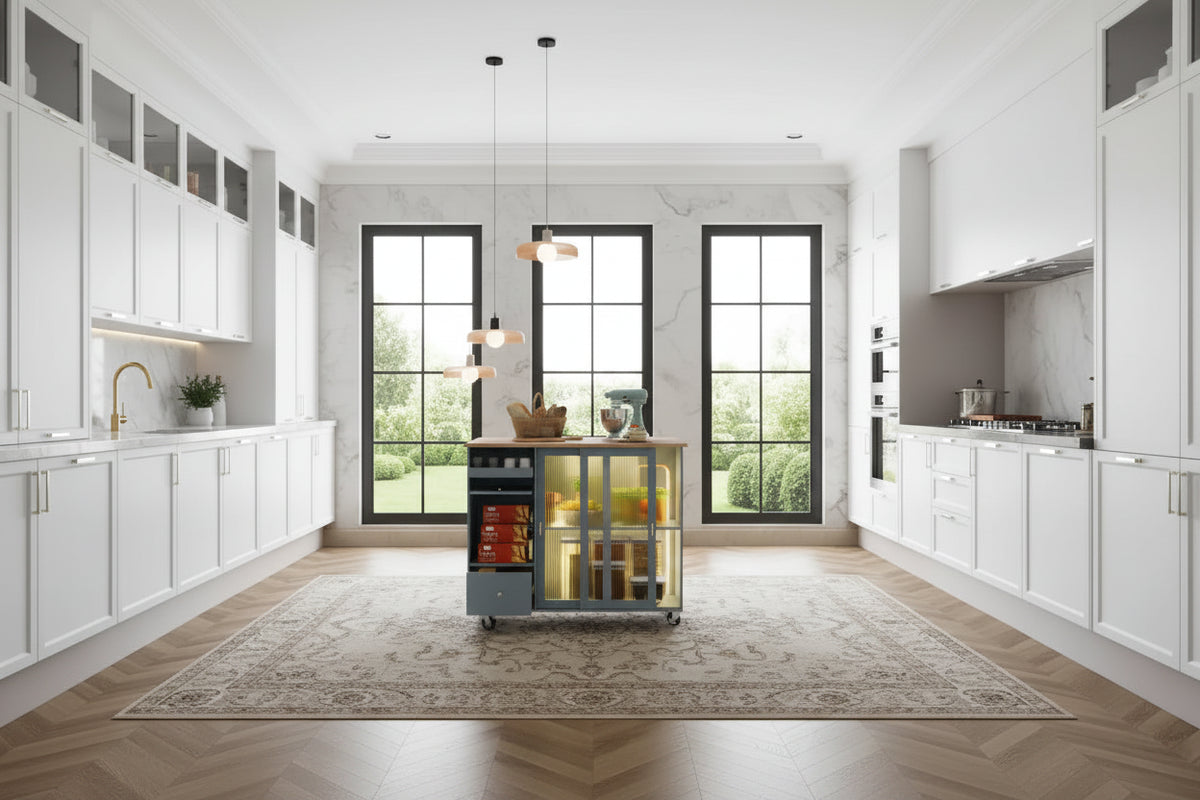 LED Light Kitchen Island Cart, Drop Leaf Breakfast Bar on Wheels, Bar Cabinet with 2 Drawers, 2 Glass Doors & 1 Flip Cabinet