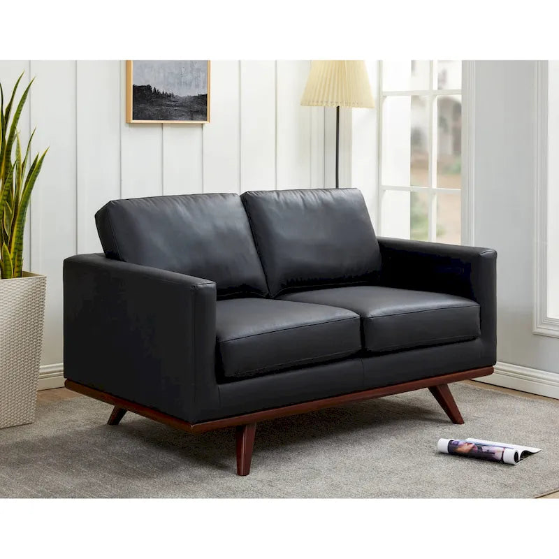 Nowoczesna sofa skórzana Chester dwuosobowa z podstawą z drewna brzozowego do salonu, sypialni, ogrodu, poczekalni - 58.27