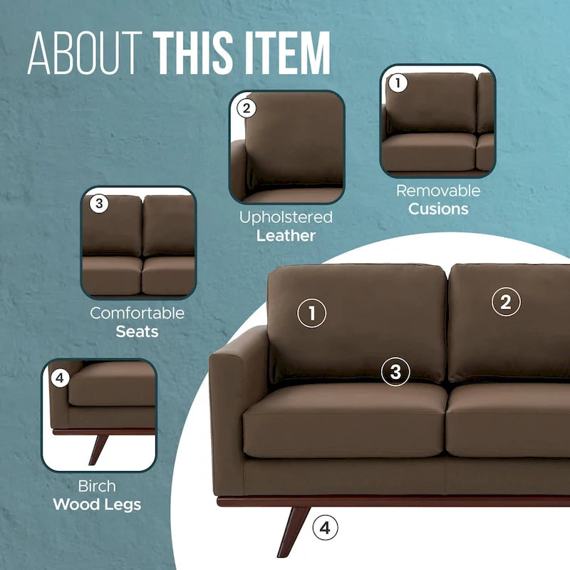 Nowoczesna sofa skórzana Chester dwuosobowa z podstawą z drewna brzozowego do salonu, sypialni, ogrodu, poczekalni - 58.27