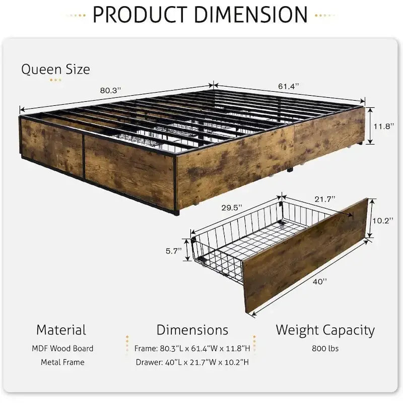 Metalowe łóżko Queen z platformą drewnianą i 4 szufladami do przechowywania – maksymalne obciążenie 360 kg