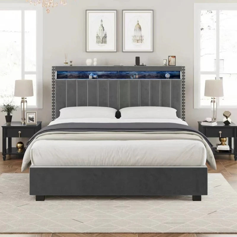 Queen Size Gas Lift Storage Bed with RF LED Lights, Storage Headboard, Queen Size Velvet