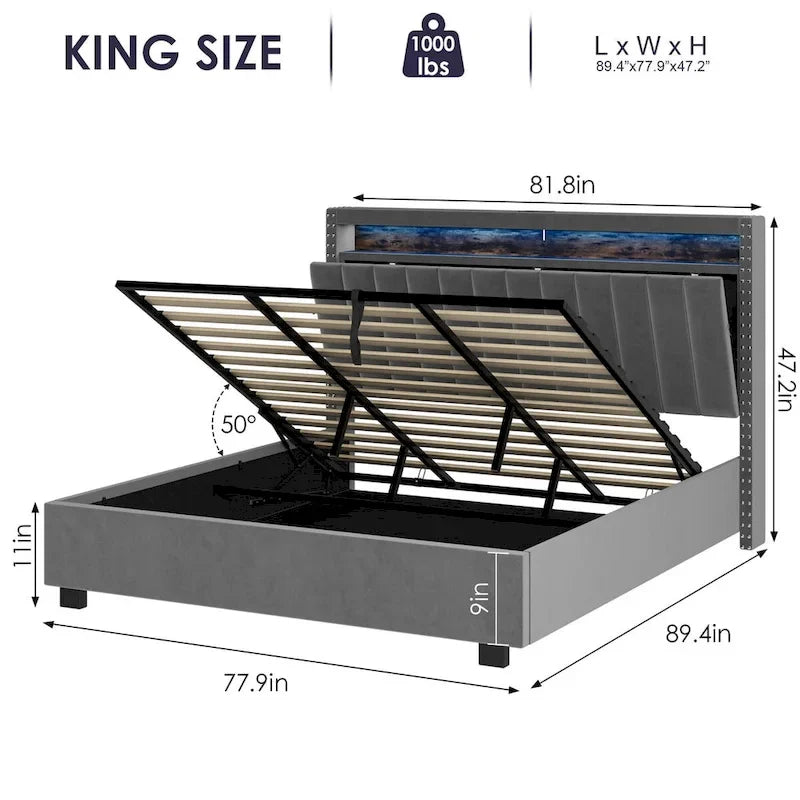 Łóżko z podnośnikiem gazowym Queen Size z oświetleniem LED RF, zagłówkiem z miejscem do przechowywania, aksamitne, Queen Size