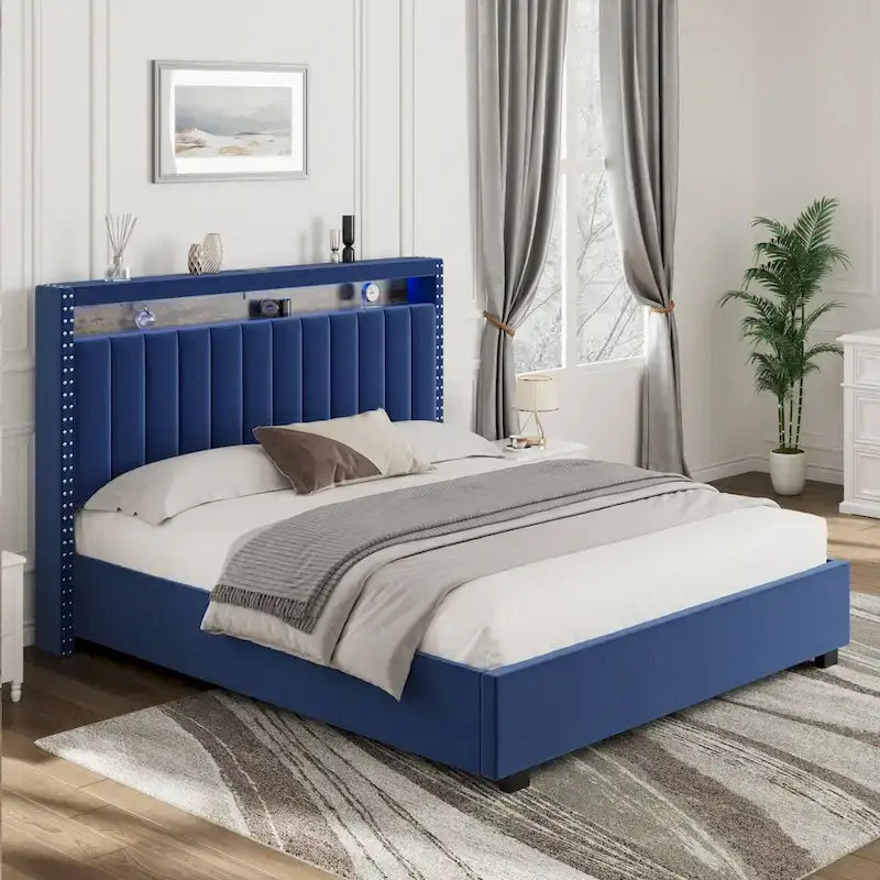 Łóżko z podnośnikiem gazowym Queen Size z oświetleniem LED RF, zagłówkiem z miejscem do przechowywania, aksamitne, Queen Size