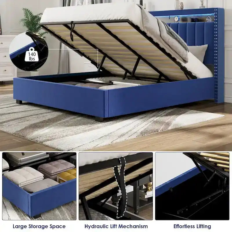 Łóżko z podnośnikiem gazowym Queen Size z oświetleniem LED RF, zagłówkiem z miejscem do przechowywania, aksamitne, Queen Size