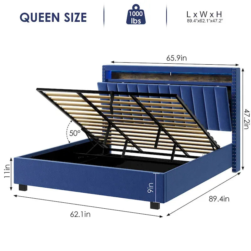 Łóżko z podnośnikiem gazowym Queen Size z oświetleniem LED RF, zagłówkiem z miejscem do przechowywania, aksamitne, Queen Size