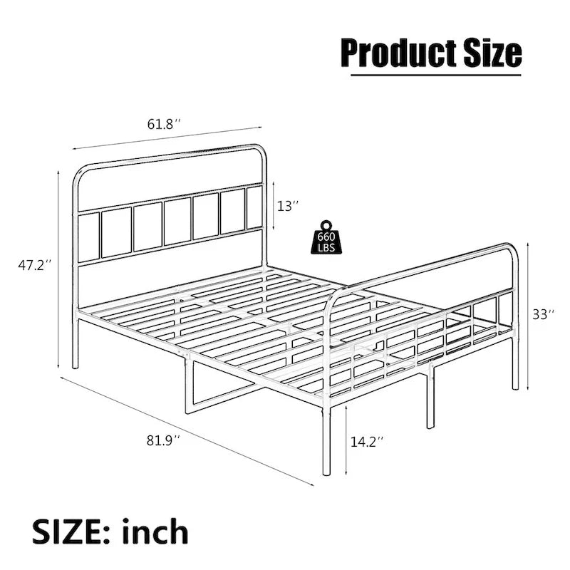 Metalowa Rama Łóżka Platformowego Queen Size z Zagłówkiem, Nie Wymaga Sprężyn Skrzyniowych
