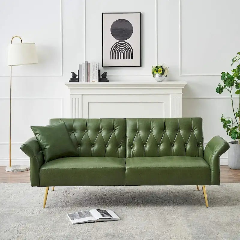 Futon Sofa Rozkładana, Sofa Składana ze Sztucznej Skóry, Rozkładana Kanapa z Regulowanymi Podłokietnikami do Małych Przestrzeni